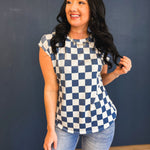 Checkered Print Casual Knit Top - Denim Blue - Lace and Grace Boutique