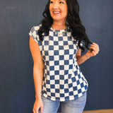 Checkered Print Casual Knit Top - Denim Blue - Lace and Grace Boutique