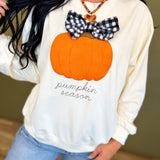 Pumpkin Season Gingham Bow Sweatshirt - Cream