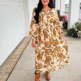 Fall Floral Printed Long Sleeve Midi Dress - Sand Multi