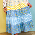 Floral & Stripe Printed Tiered Midi Skirt - Butter/Sky - Lace and Grace Boutique