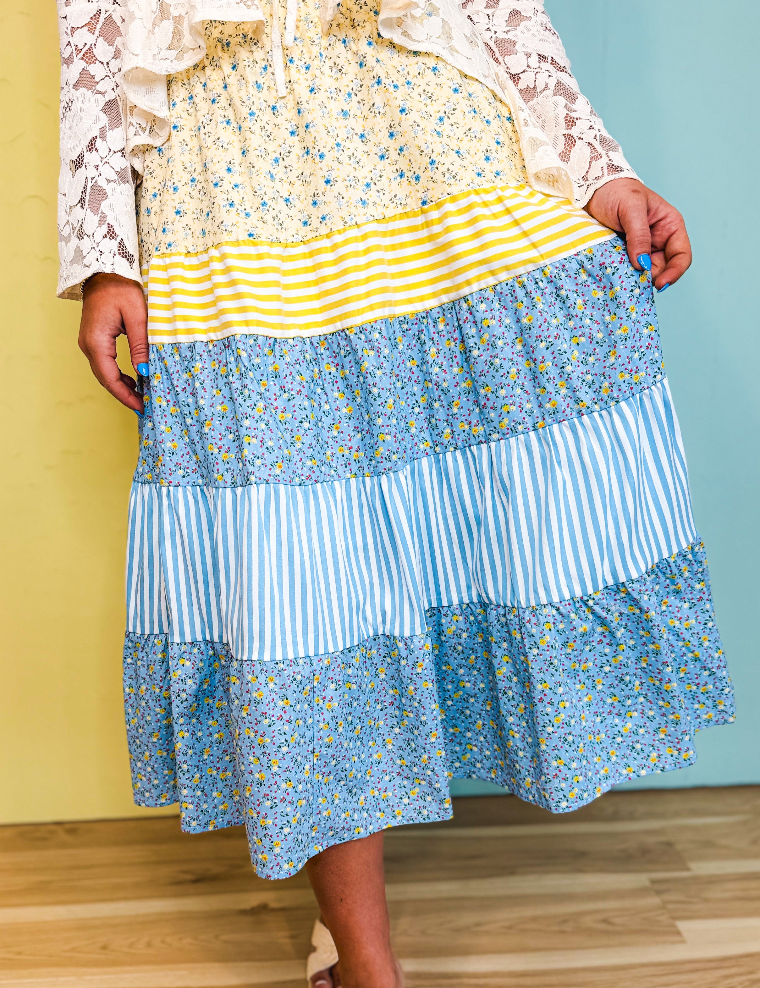 Floral & Stripe Printed Tiered Midi Skirt - Butter/Sky - Lace and Grace Boutique