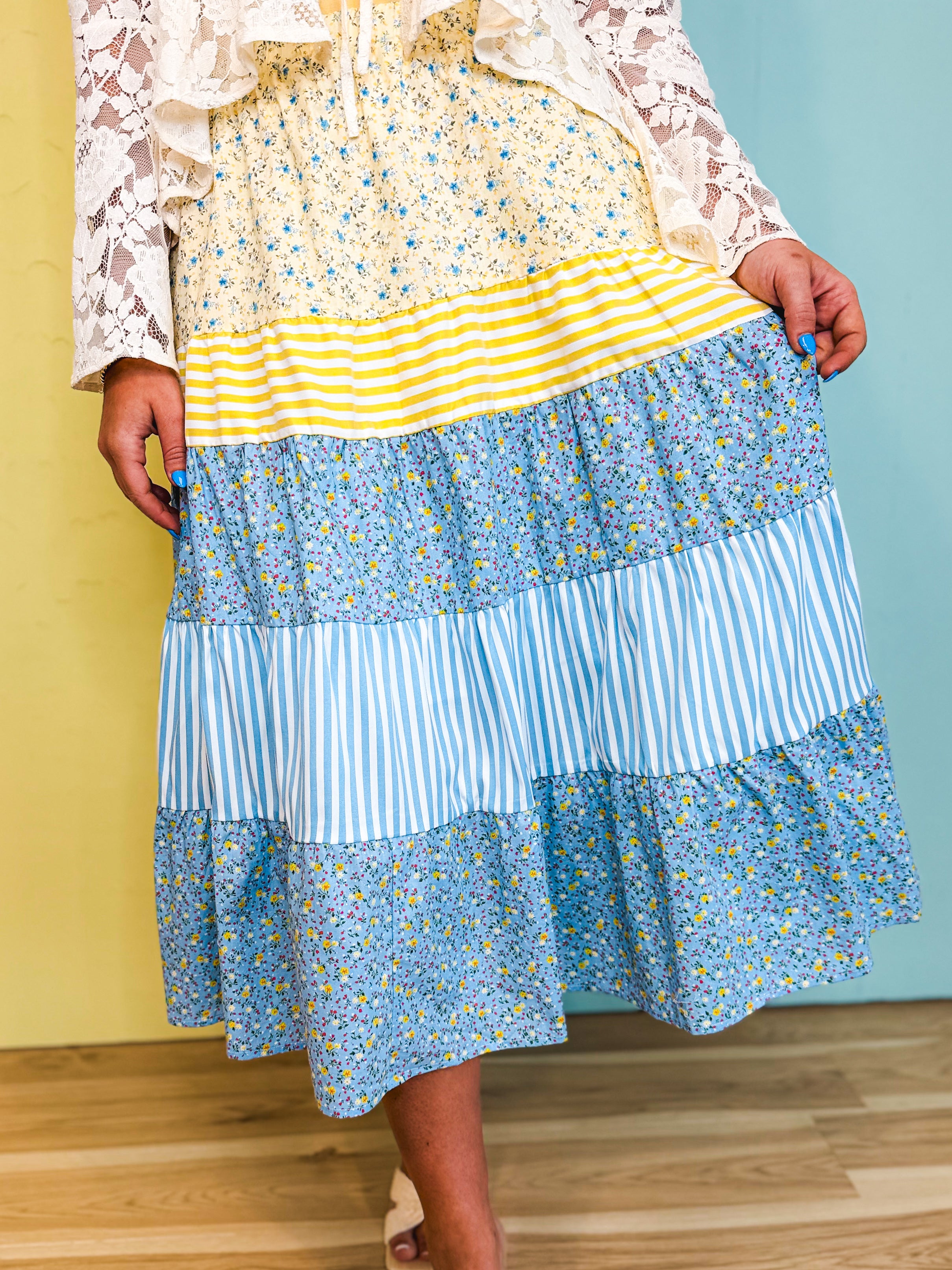 Floral & Stripe Printed Tiered Midi Skirt - Butter/Sky - Lace and Grace Boutique