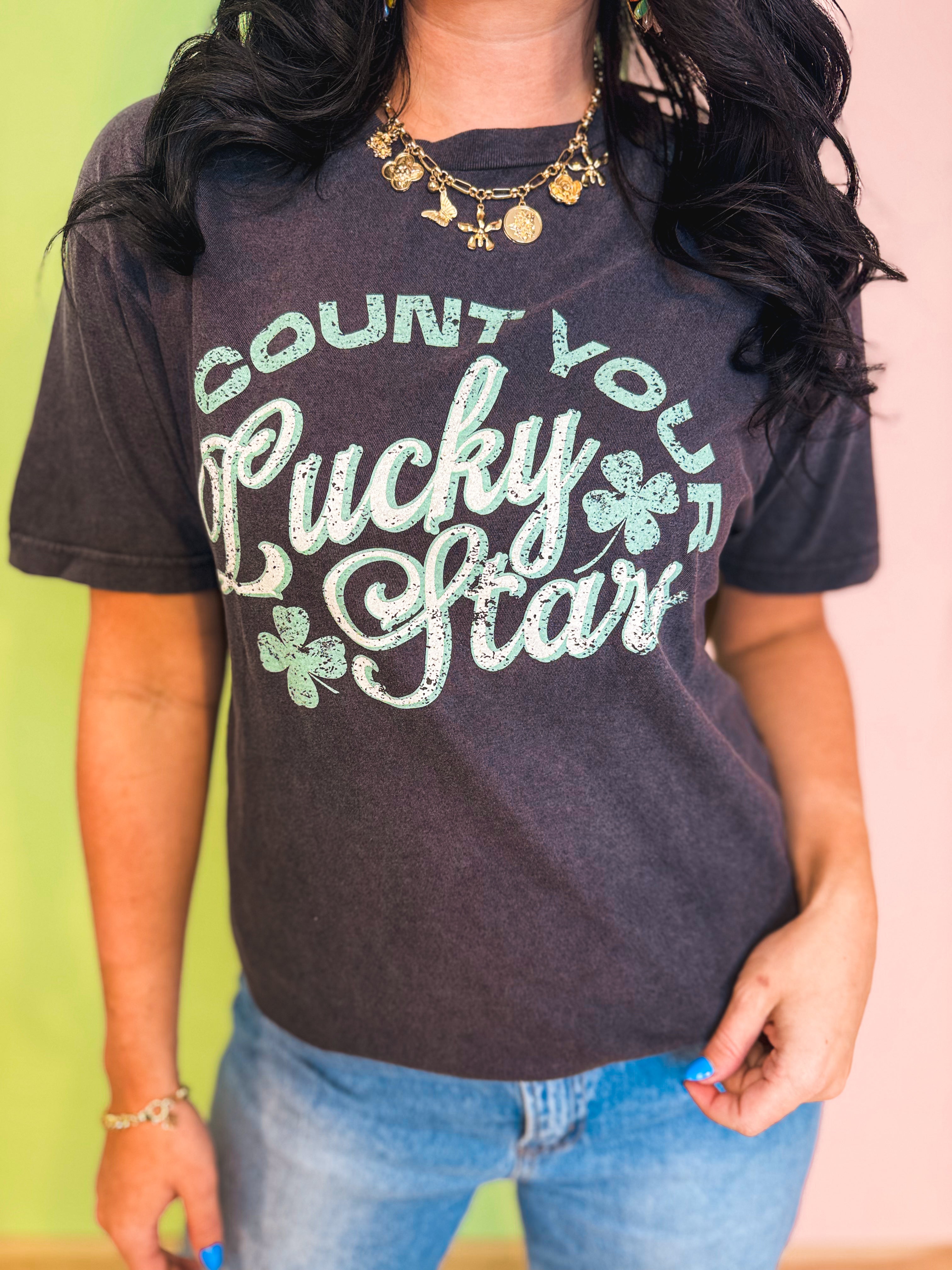 Count Your Lucky Stars Graphic Tee - Vintage Black - Lace and Grace Boutique