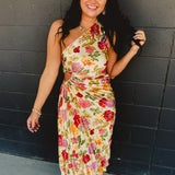 One Shoulder Asymmetrical Pleated Maxi Dress - Garden Multi - Lace and Grace Boutique
