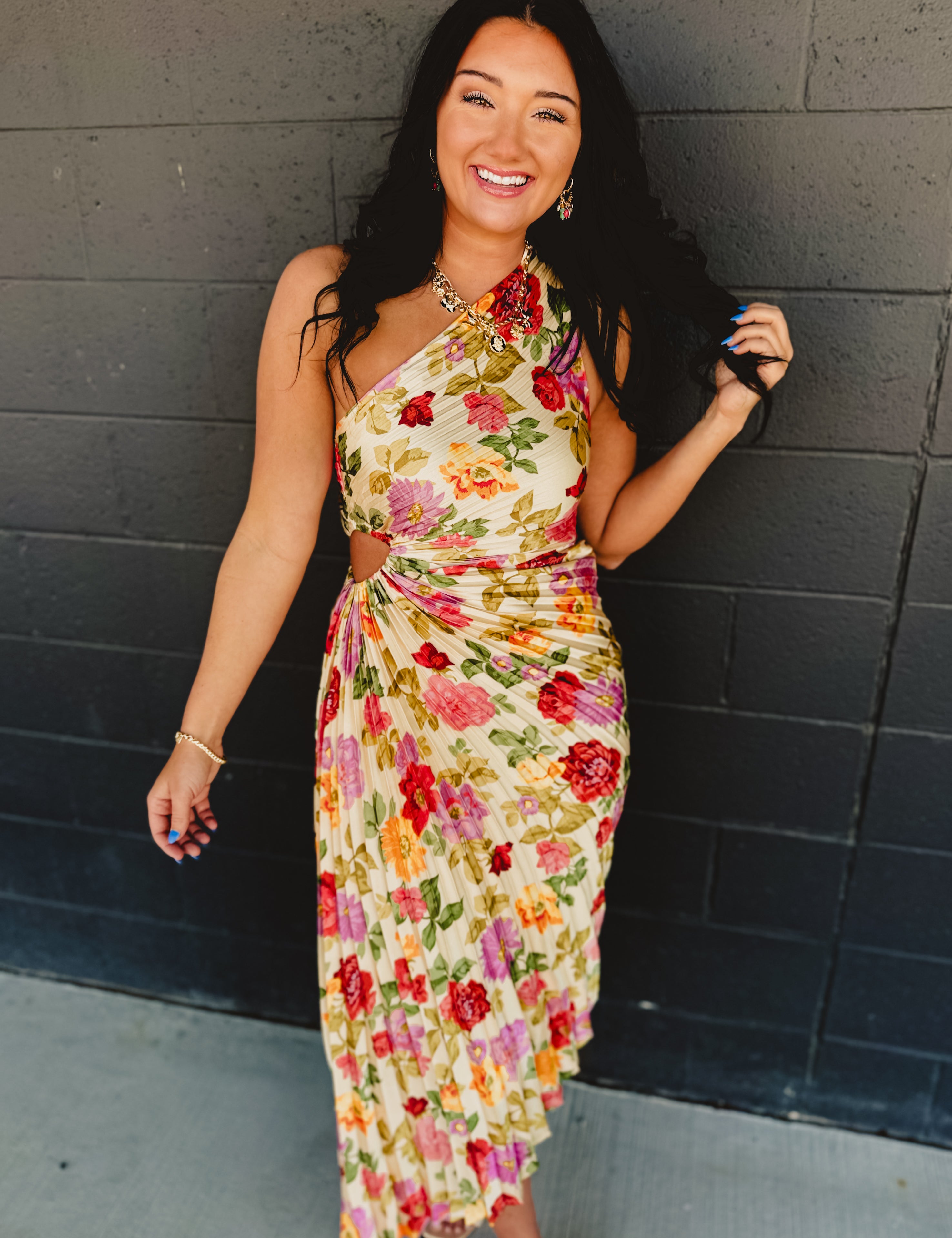 One Shoulder Asymmetrical Pleated Maxi Dress - Garden Multi - Lace and Grace Boutique