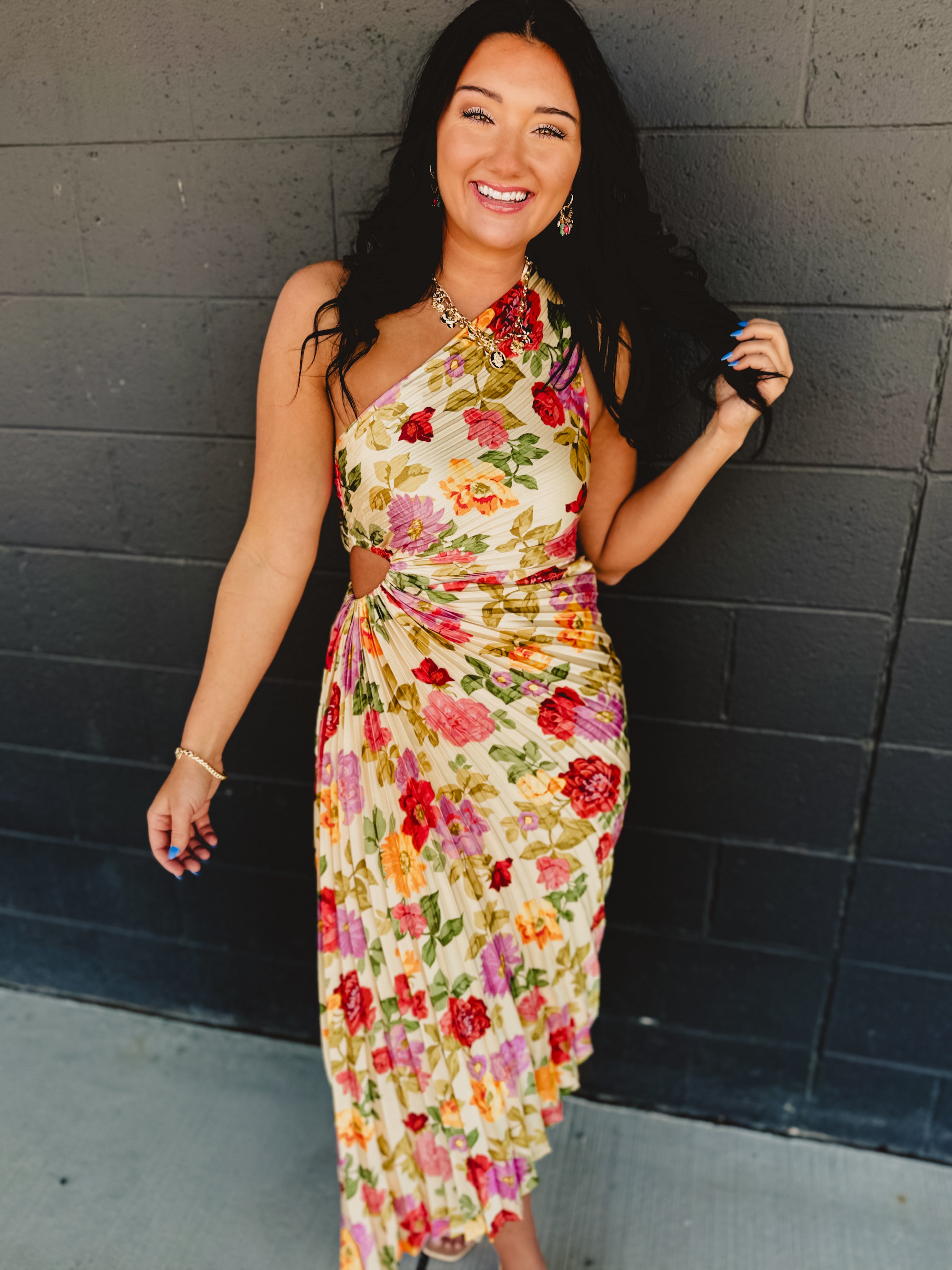 One Shoulder Asymmetrical Pleated Maxi Dress