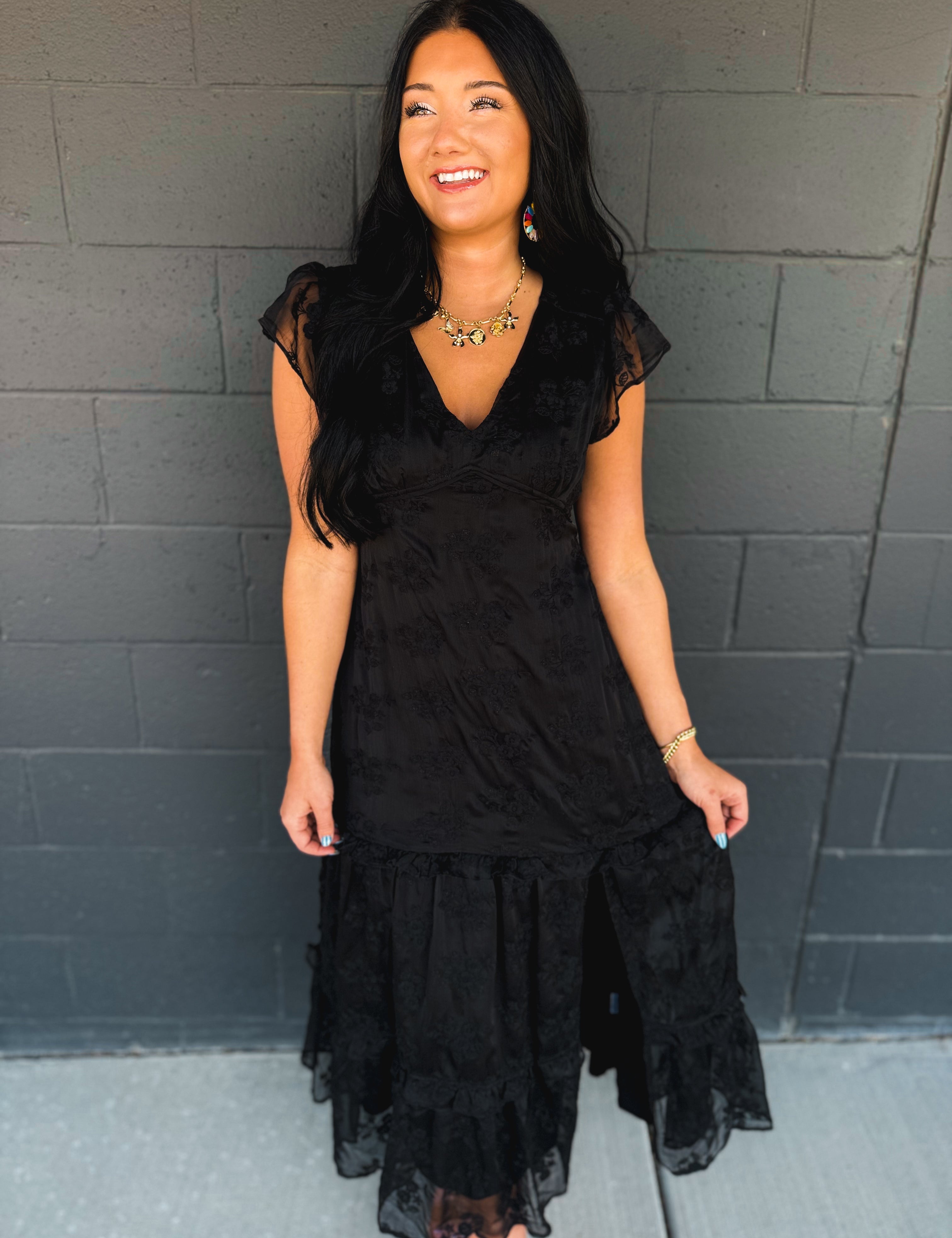 Floral Lace Embroidered Tiered Maxi Dress - Black - Lace and Grace Boutique