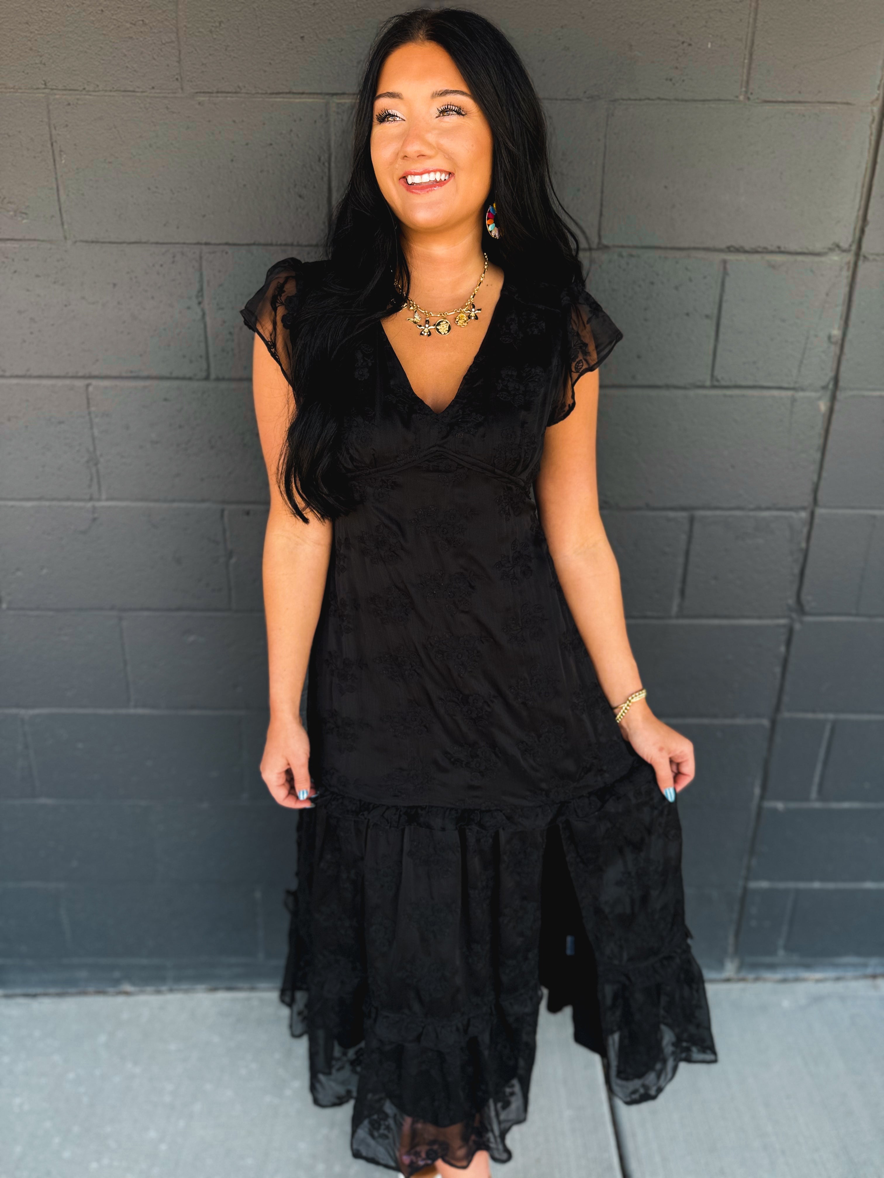 Floral Lace Embroidered Tiered Maxi Dress - Black - Lace and Grace Boutique