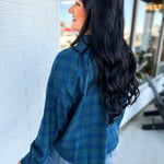Plaid Raw Edge Cropped Button Up Shirt - Navy Combo - Lace and Grace Boutique