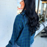 Plaid Raw Edge Cropped Button Up Shirt - Navy Combo - Lace and Grace Boutique