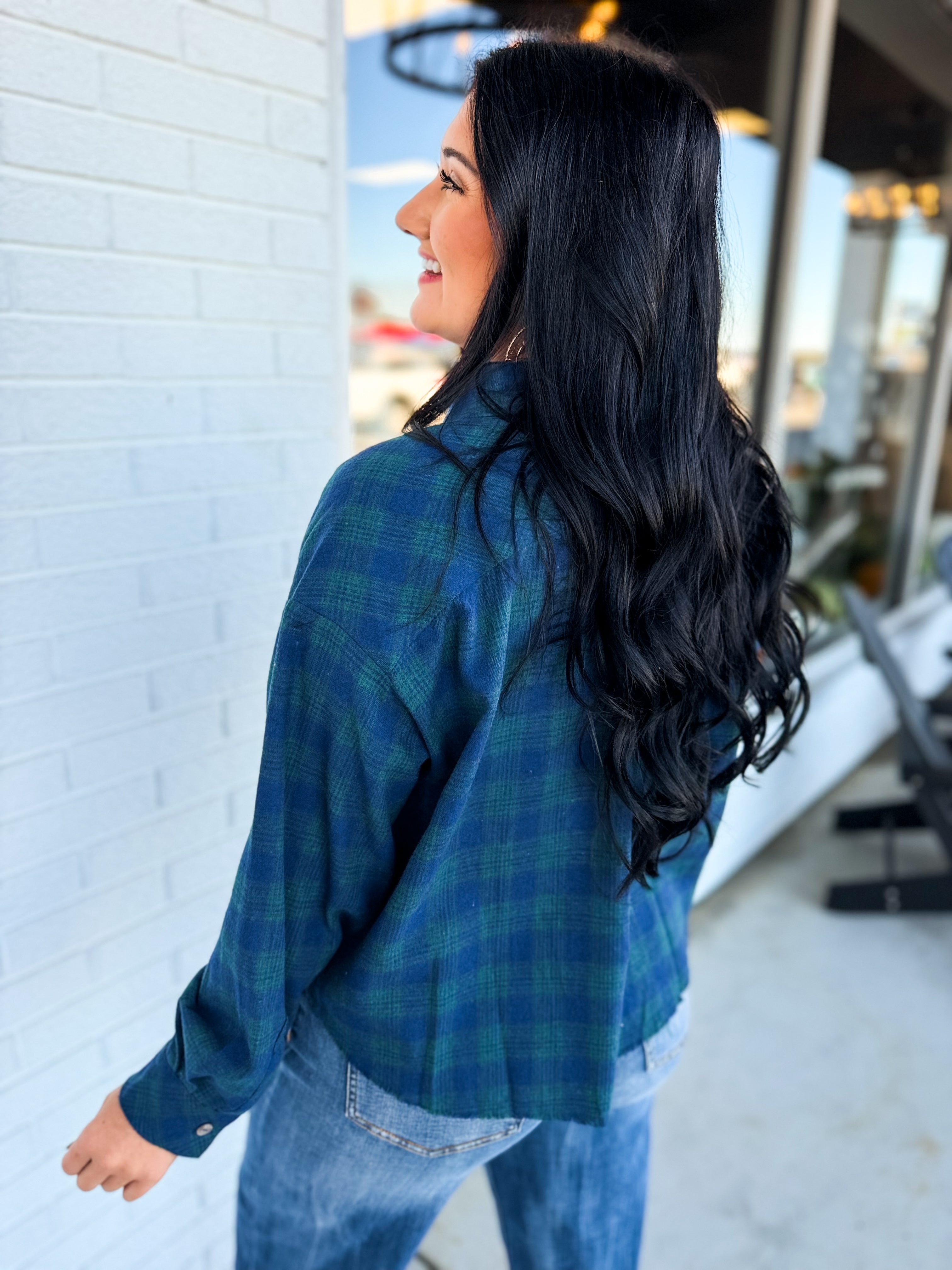 Plaid Raw Edge Cropped Button Up Shirt - Navy Combo - Lace and Grace Boutique
