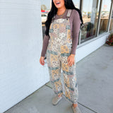 Washed Vintage Floral Boho Print Denim Overalls - Taupe Multi