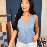 Button Up Ribbed Knit Tank Top - Blue - Lace and Grace Boutique