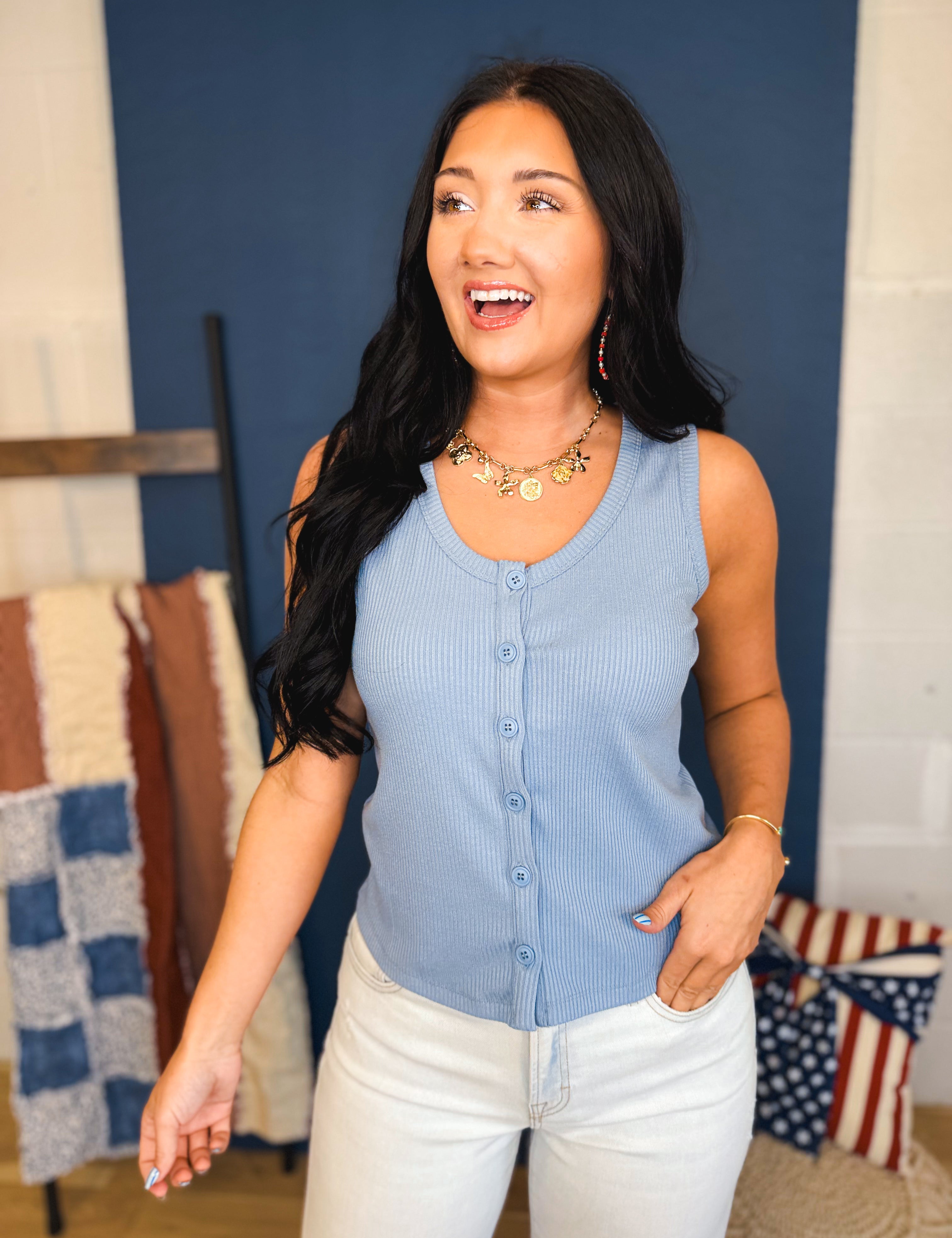 Button Up Ribbed Knit Tank Top - Blue - Lace and Grace Boutique