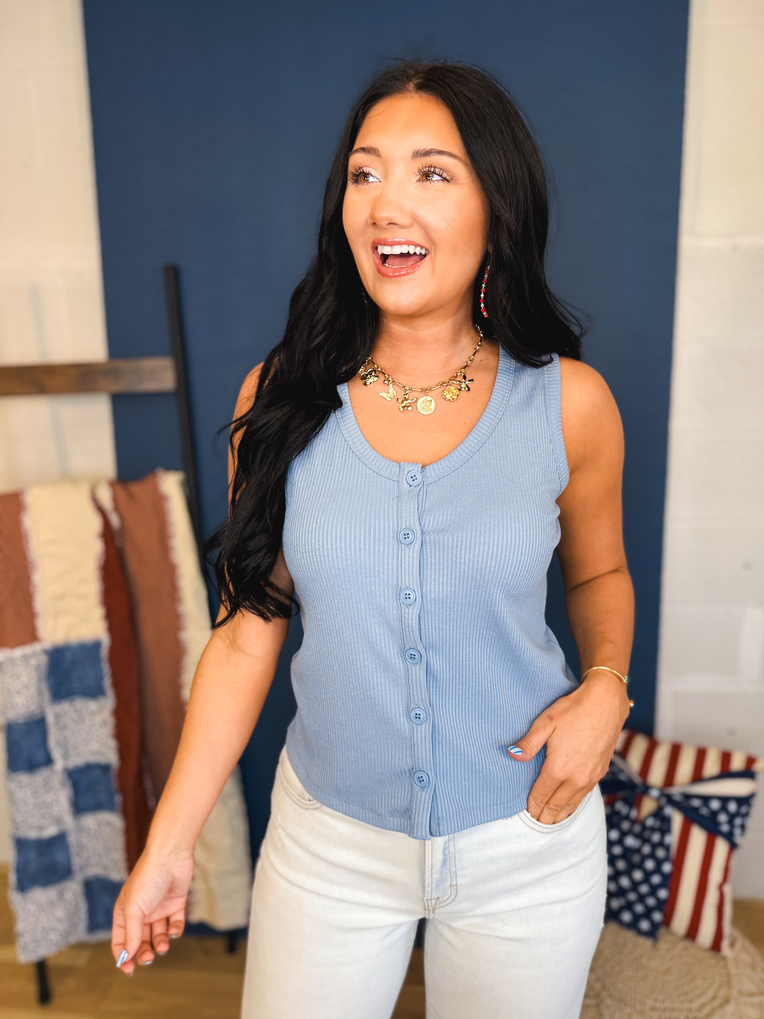 Button Up Ribbed Knit Tank Top - Blue - Lace and Grace Boutique