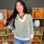 Luxe Two Tone Striped Hooded Sweater - Olive/Cream - Lace and Grace Boutique