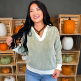 Luxe Two Tone Striped Hooded Sweater - Olive/Cream - Lace and Grace Boutique