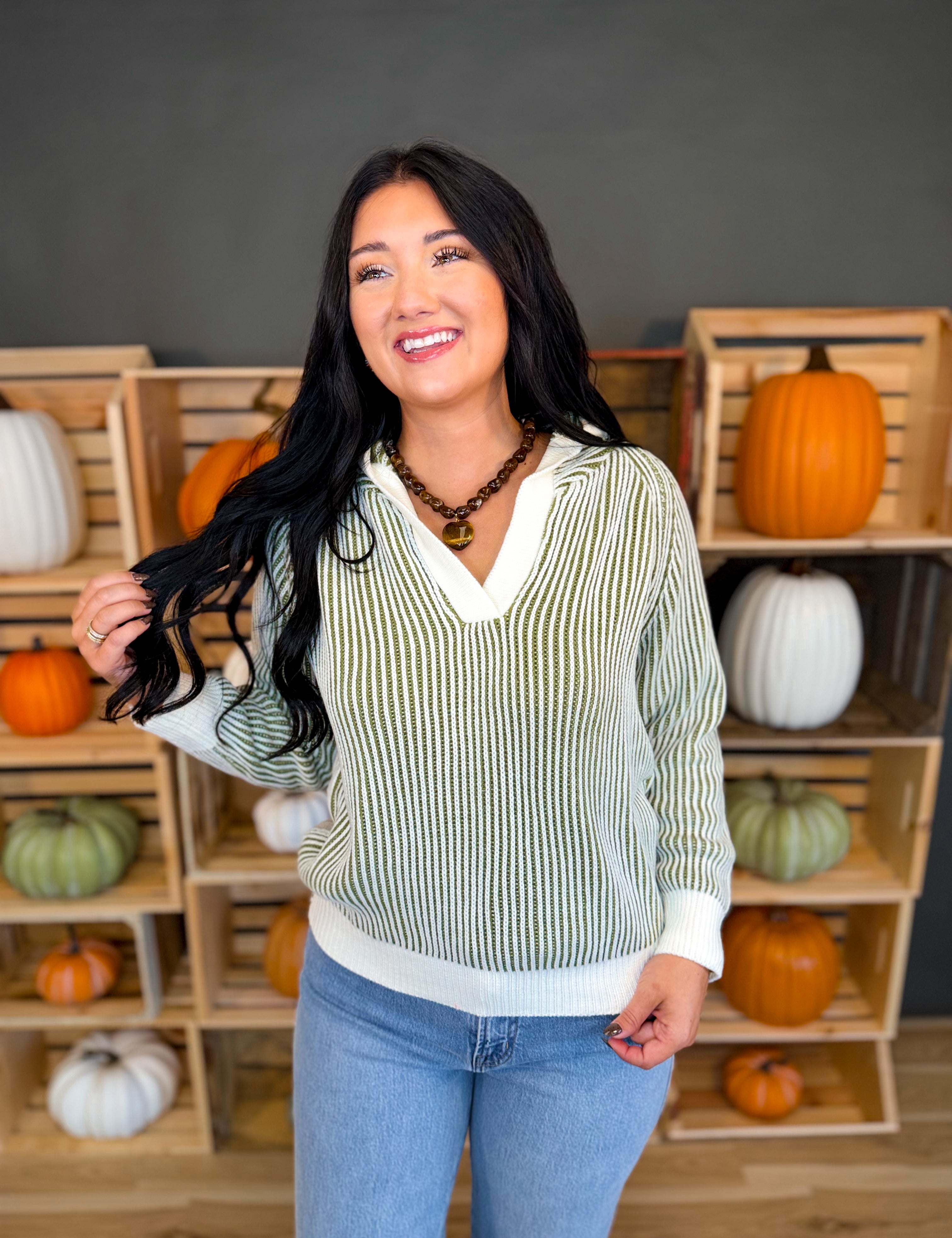 Luxe Two Tone Striped Hooded Sweater - Olive/Cream - Lace and Grace Boutique
