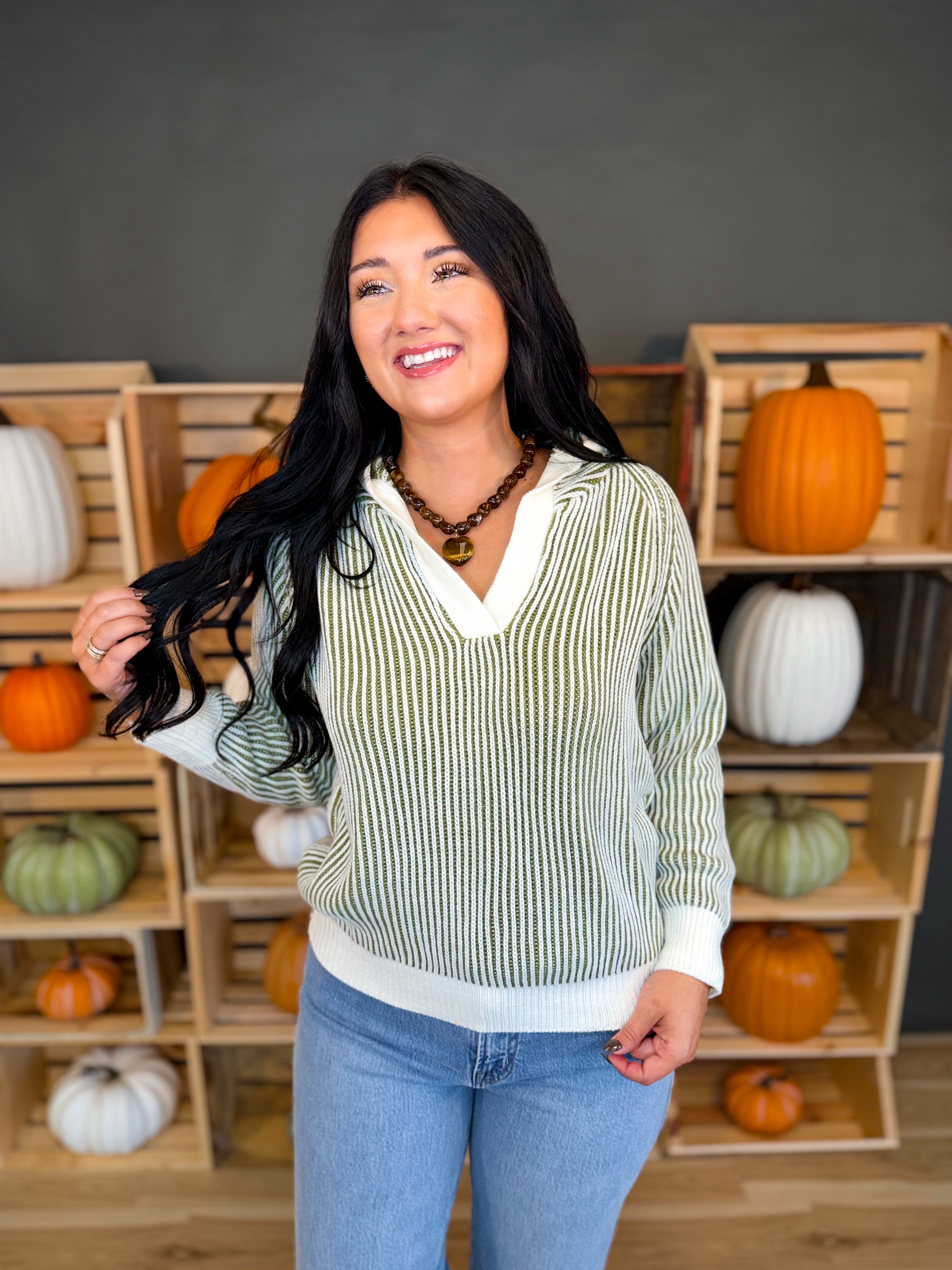 Luxe Two Tone Striped Hooded Sweater - Olive/Cream - Lace and Grace Boutique