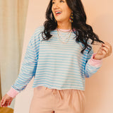 Striped French Terry Long Sleeve Cropped Top - Blue/Pink