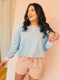 Striped French Terry Long Sleeve Cropped Top - Blue/Pink - Lace and Grace Boutique