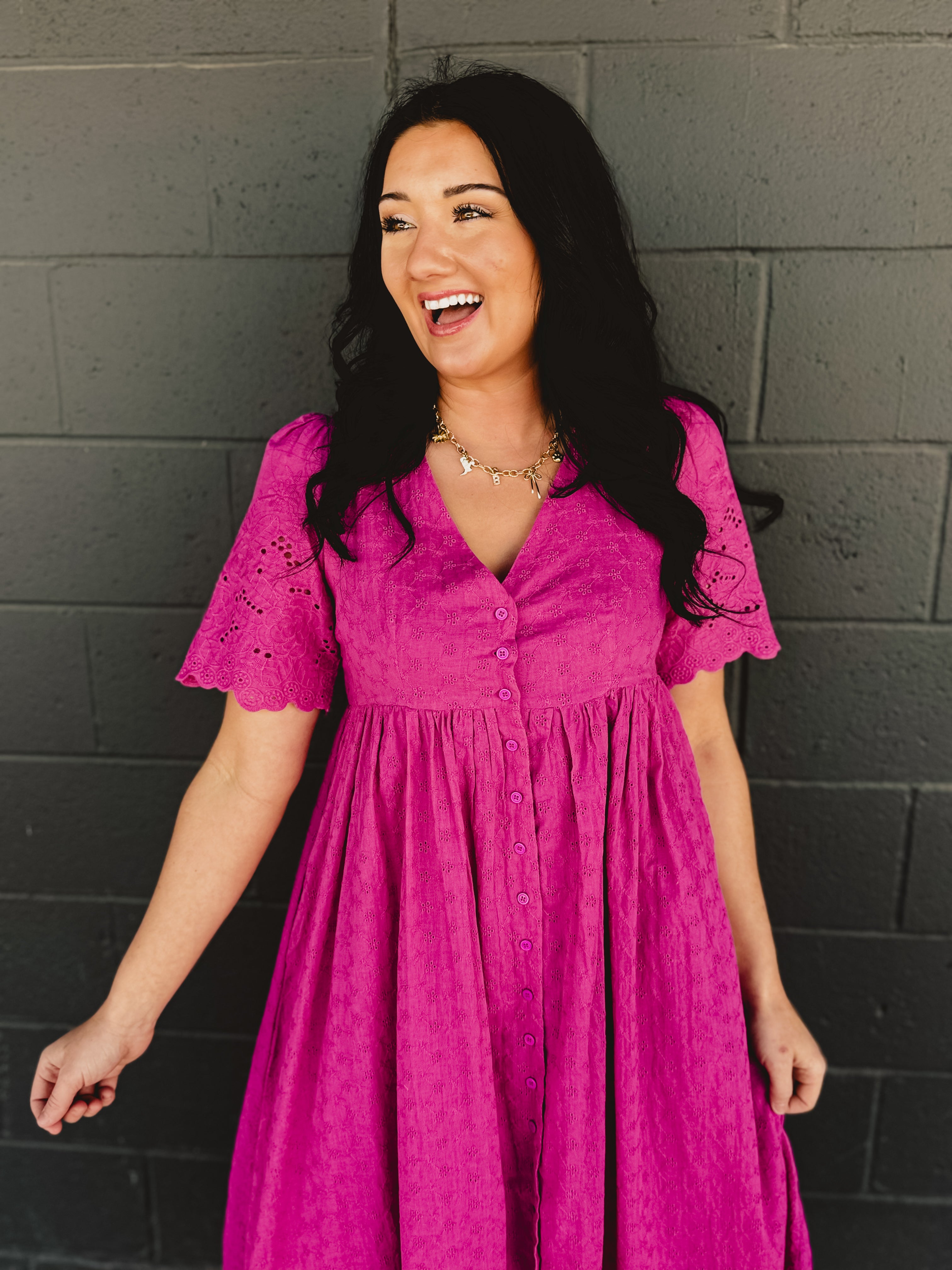 Cotton Eyelet Button Down Midi Dress - Electric Fuschia - Lace and Grace Boutique