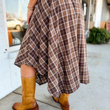 Plaid Printed Jagged Hem Midi Skirt - Brown