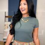 Ribbed Relaxed Crop Knit Tee - Green - Lace and Grace Boutique