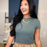 Ribbed Relaxed Crop Knit Tee - Green - Lace and Grace Boutique