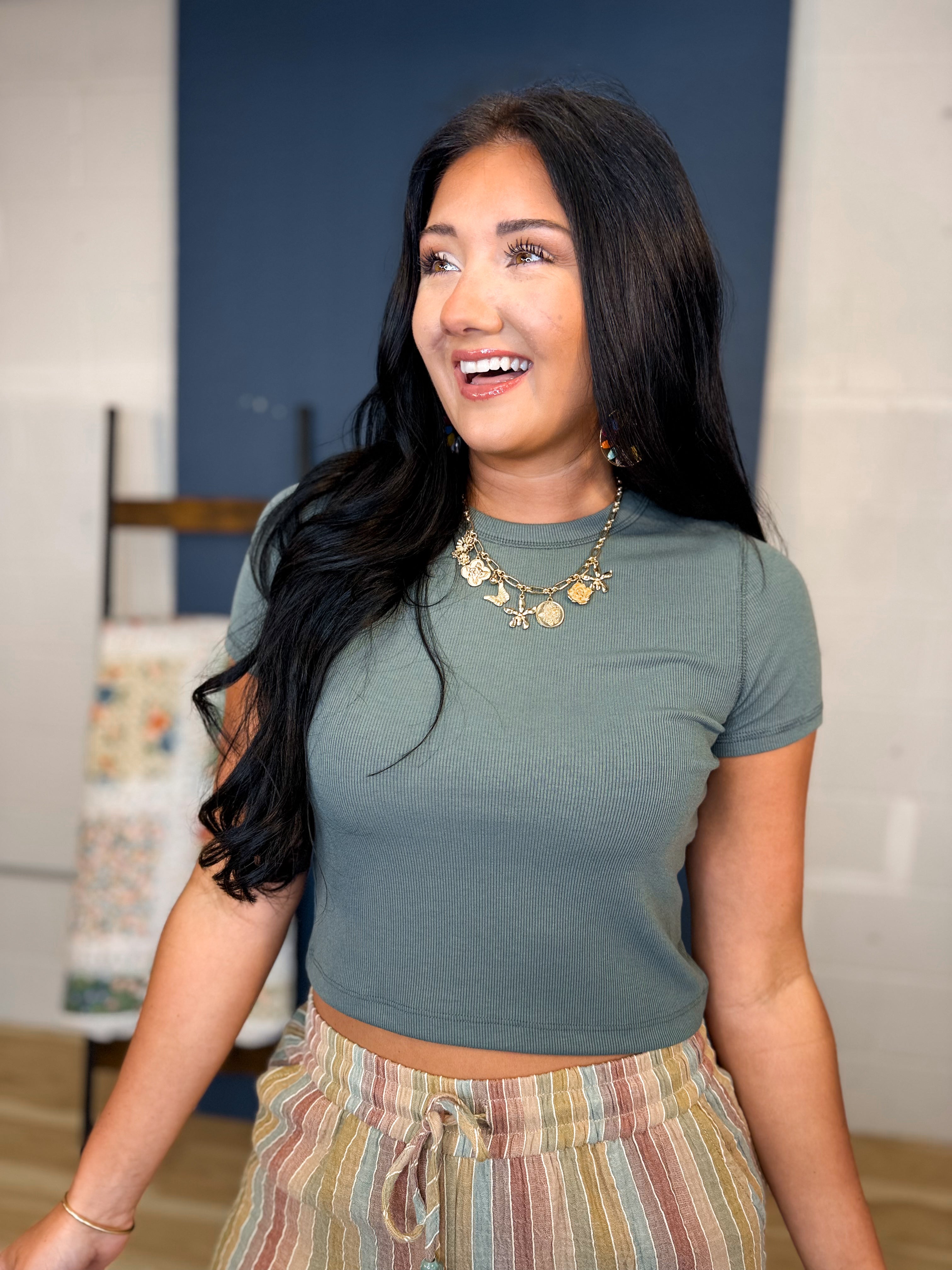 Ribbed Relaxed Crop Knit Tee - Green - Lace and Grace Boutique