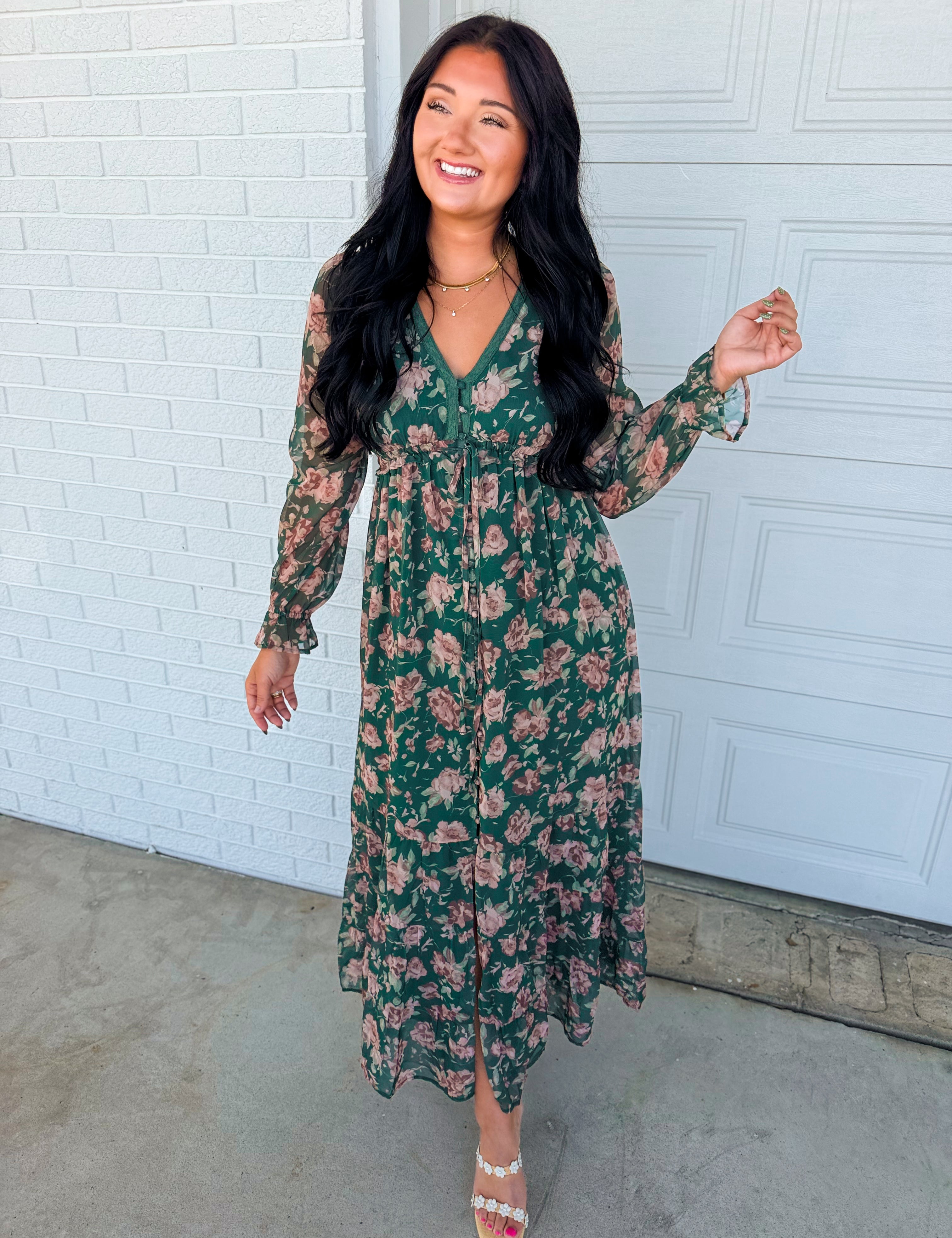 Delicate Floral Print Tiered Button Down Maxi Dress - Eucalyptus - Lace and Grace Boutique