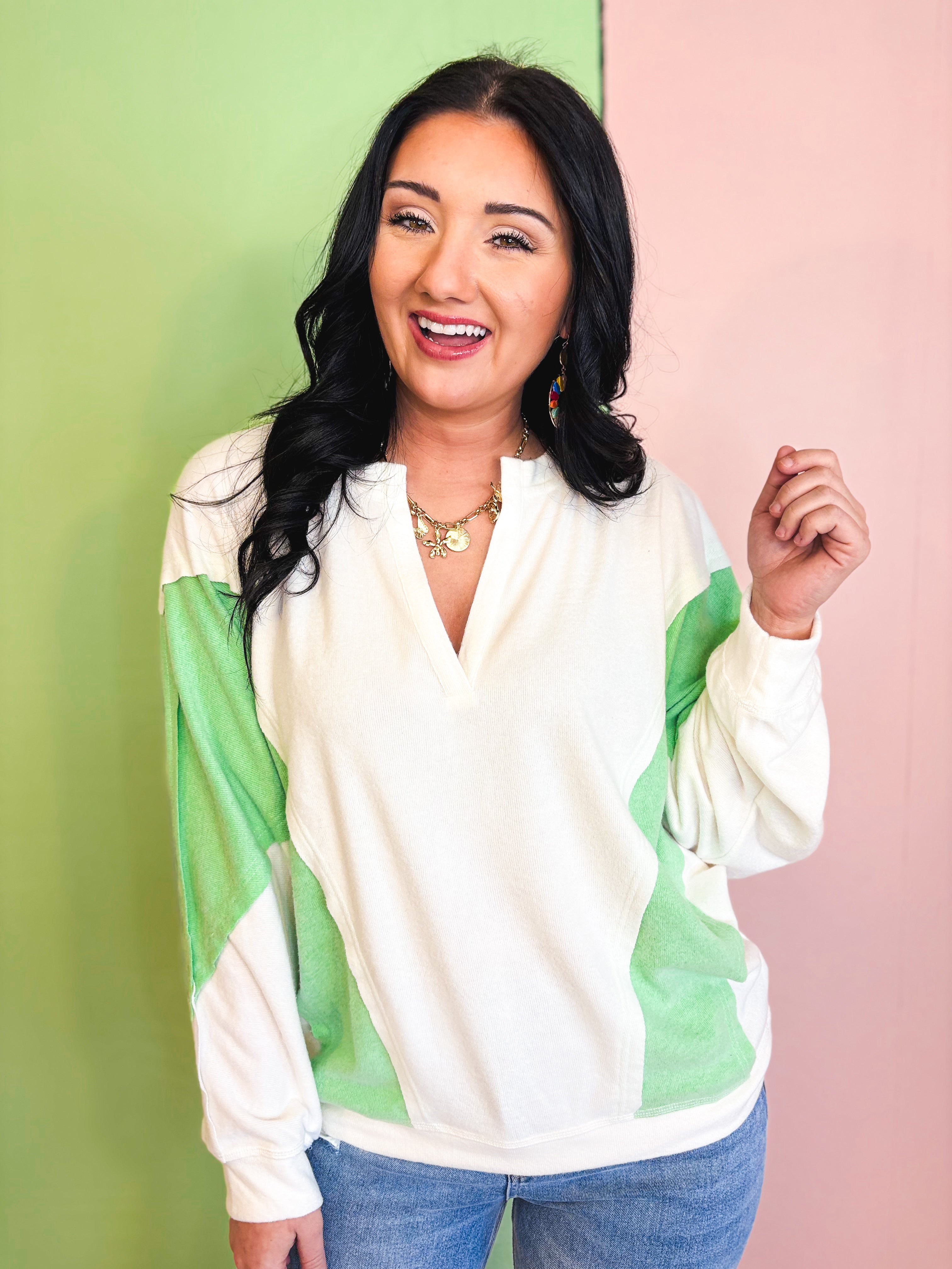 Oversized Colorblock Knit Top - Honeydew - Lace and Grace Boutique