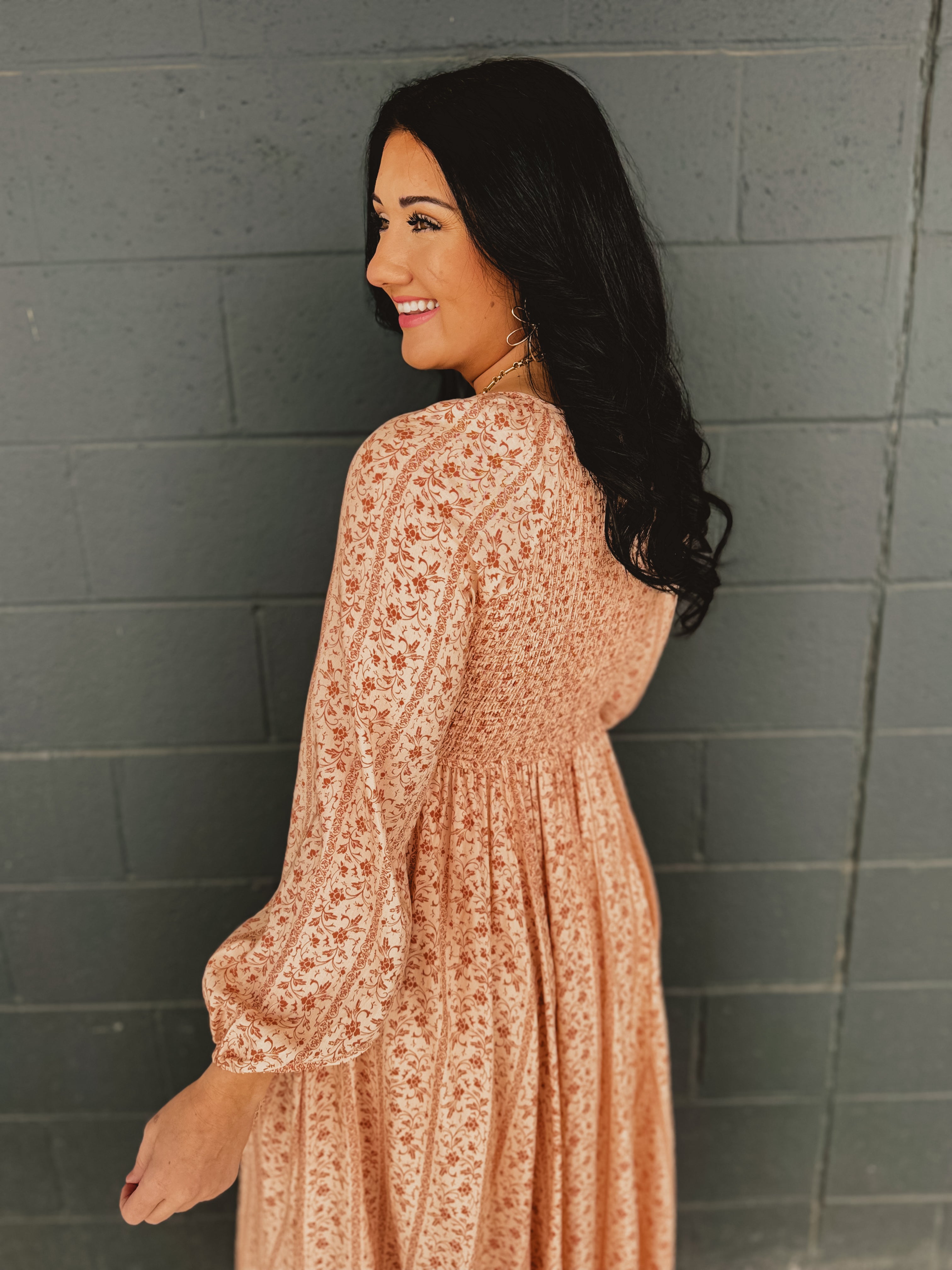 Smocked Button Down Long Sleeve Maxi Dress - Clay - Lace and Grace Boutique