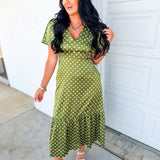 Polka Dot Flutter Sleeve Maxi Dress - Olive - Lace and Grace Boutique