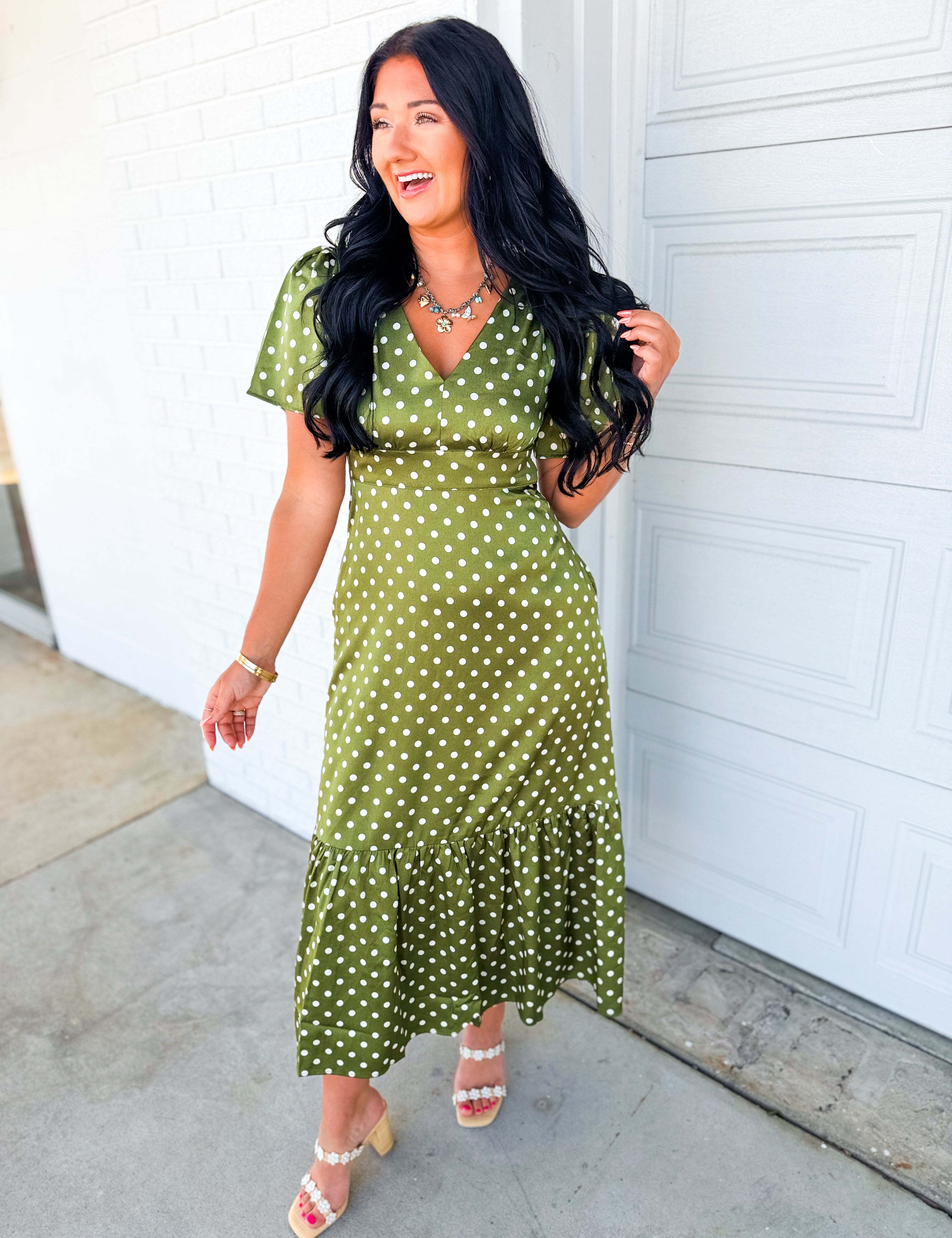 Polka Dot Flutter Sleeve Maxi Dress - Olive - Lace and Grace Boutique