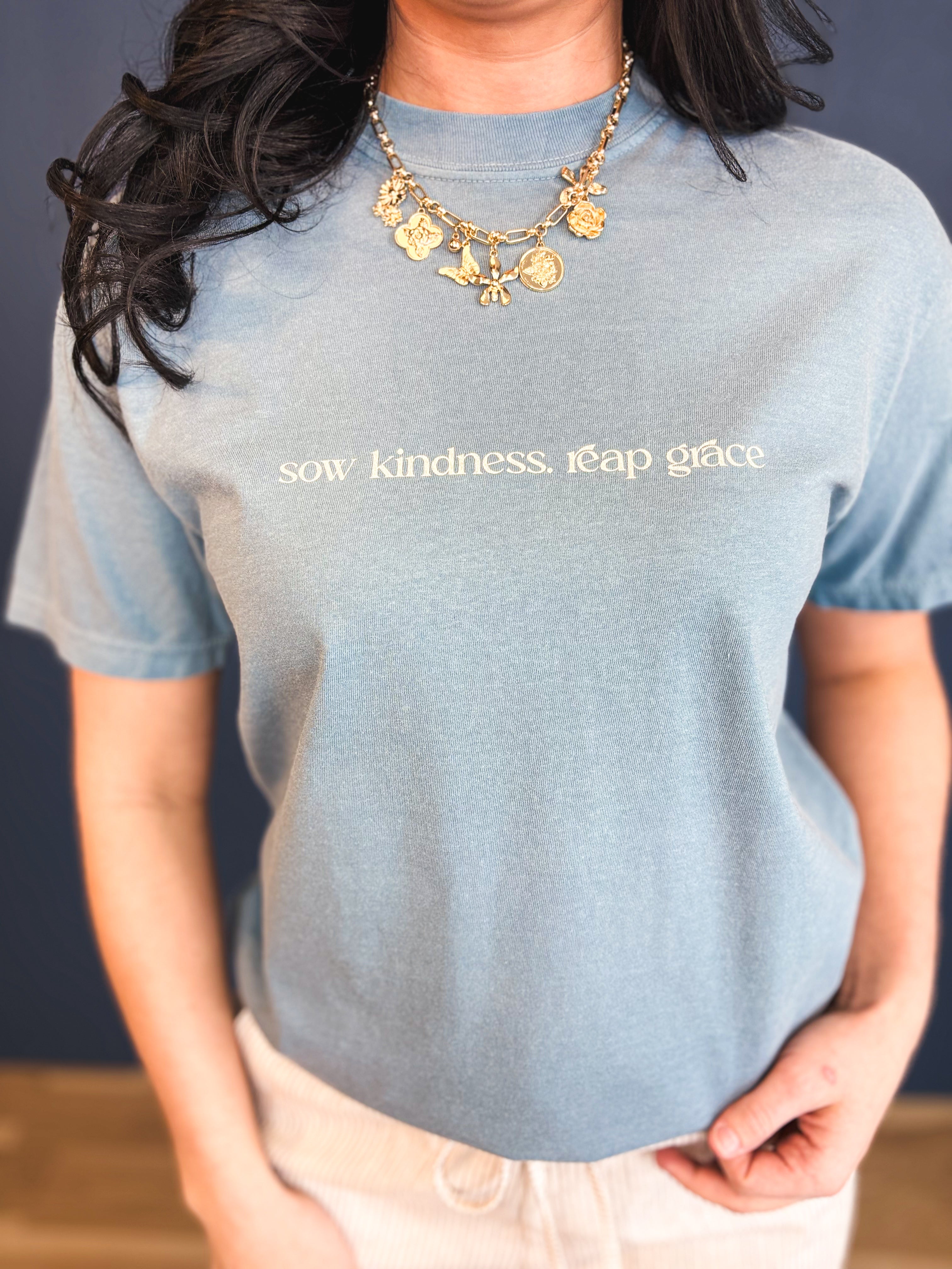 Sow Kindess, Reap Grace Seed Packet Tee - Blue Spruce - Lace and Grace Boutique