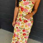 Strapless Bias Cut Satin Maxi Dress - Garden Multi - Lace and Grace Boutique