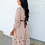 Embroidered Gingham Button Down Belted Maxi Dress - Sepia