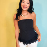 Poplin Button Detail Lace Trim Tube Top - Black - Lace and Grace Boutique