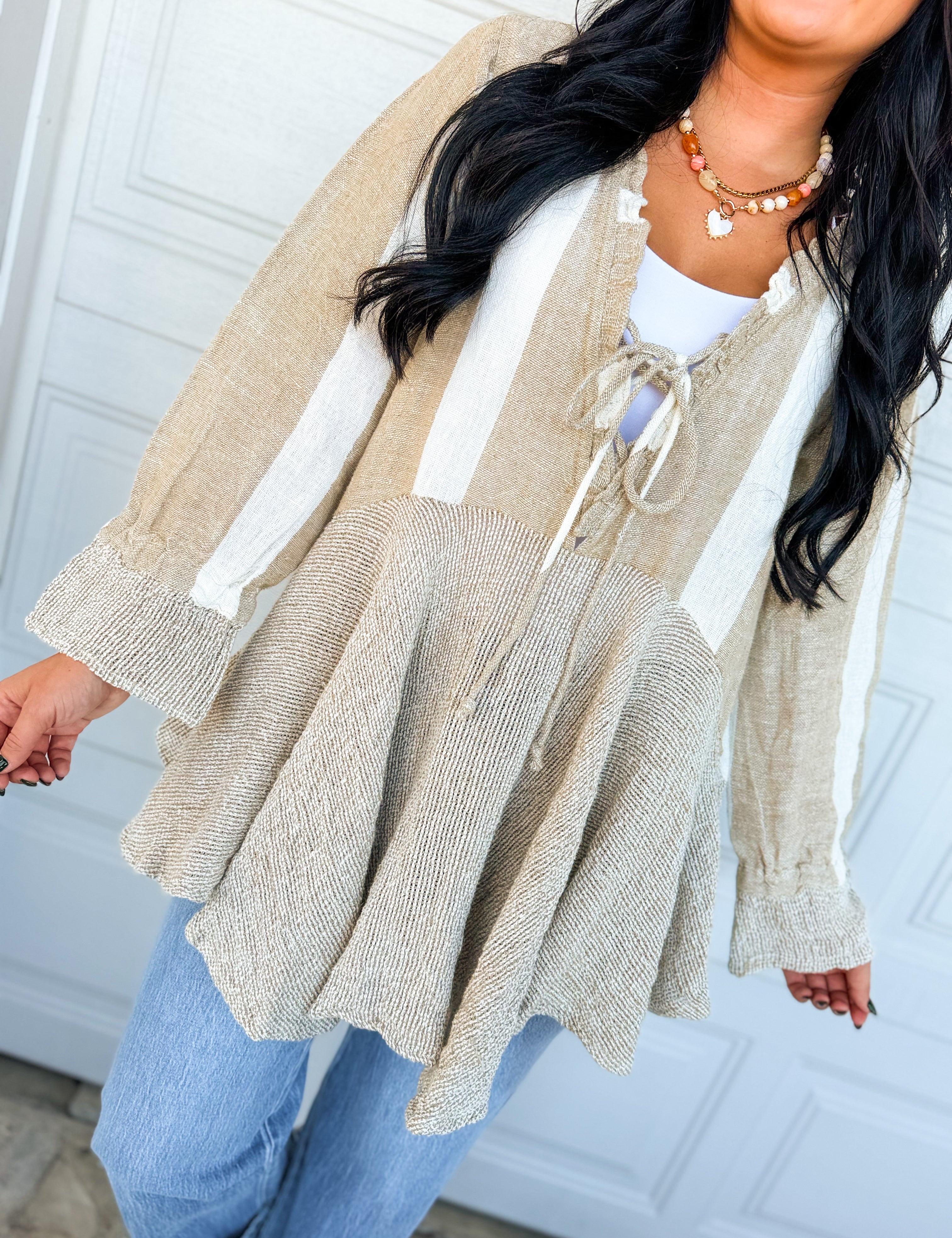 POL Ruffle Detail Mixed Stripe Linen Blouse - Mocha Multi - Lace and Grace Boutique