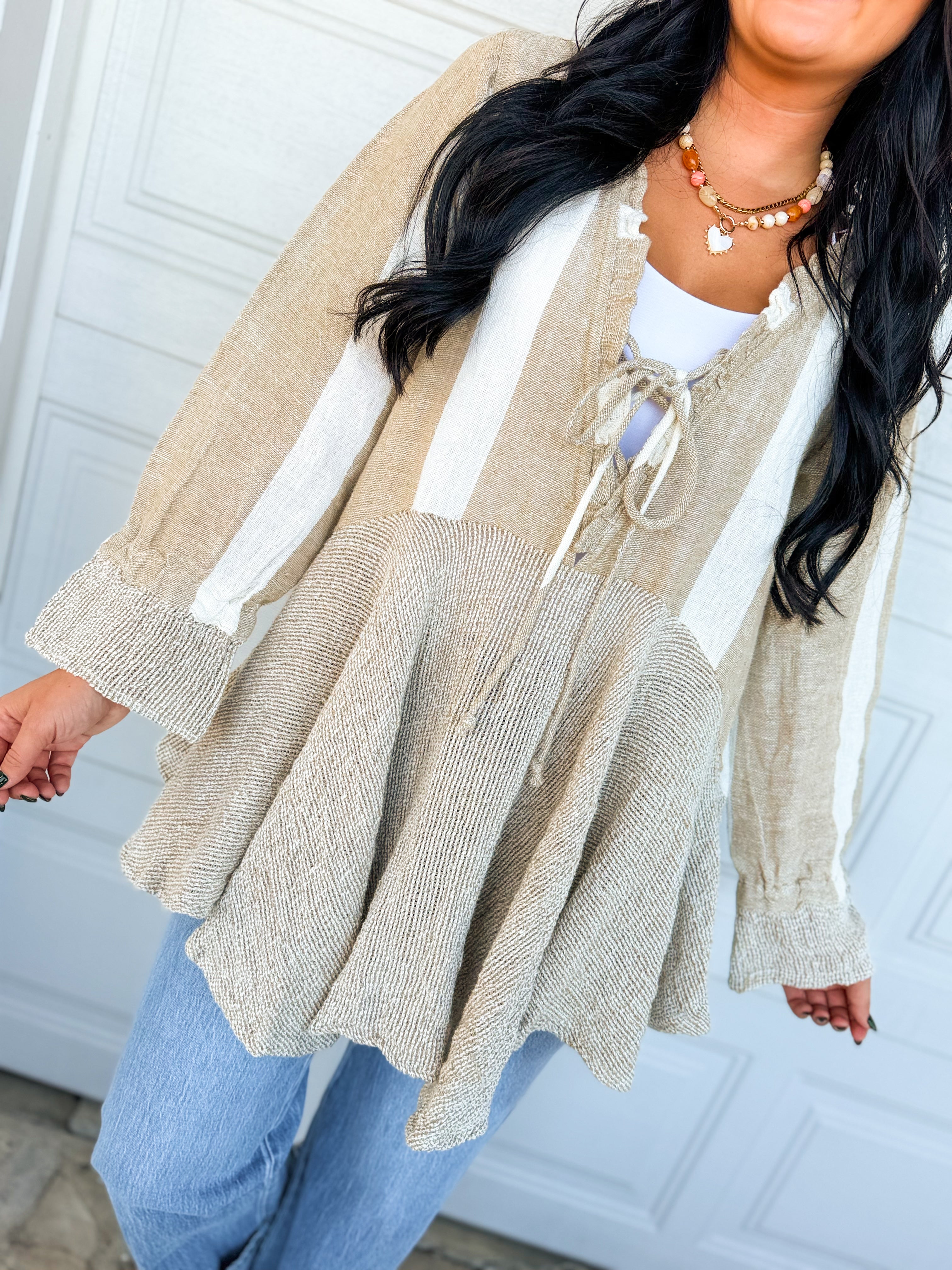 POL Ruffle Detail Mixed Stripe Linen Blouse - Mocha Multi - Lace and Grace Boutique