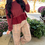 Eyelet Lace Hem Peplum Knit Top - Burgundy