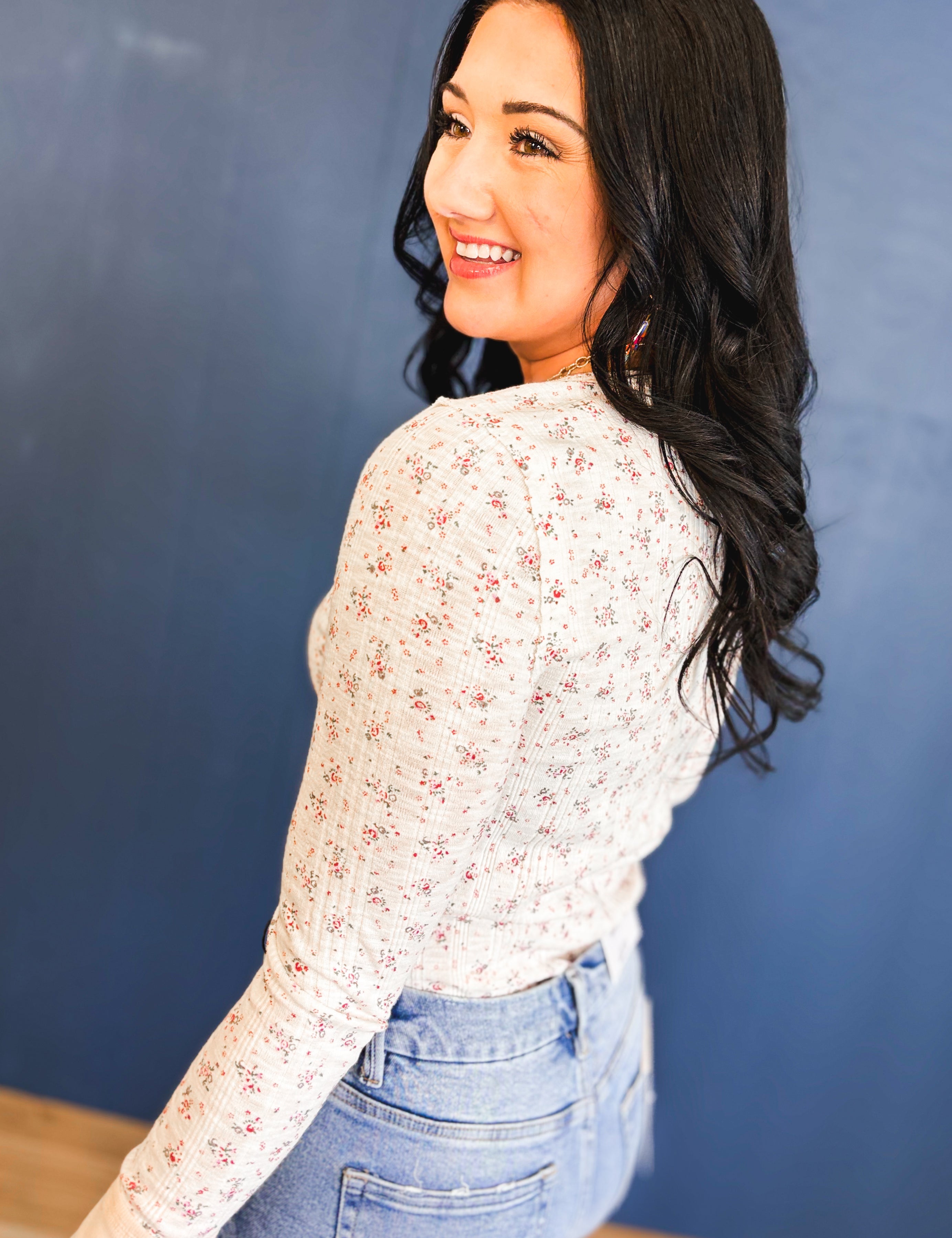 Floral Ribbed Henley Neck Knit Top - Ivory - Lace and Grace Boutique