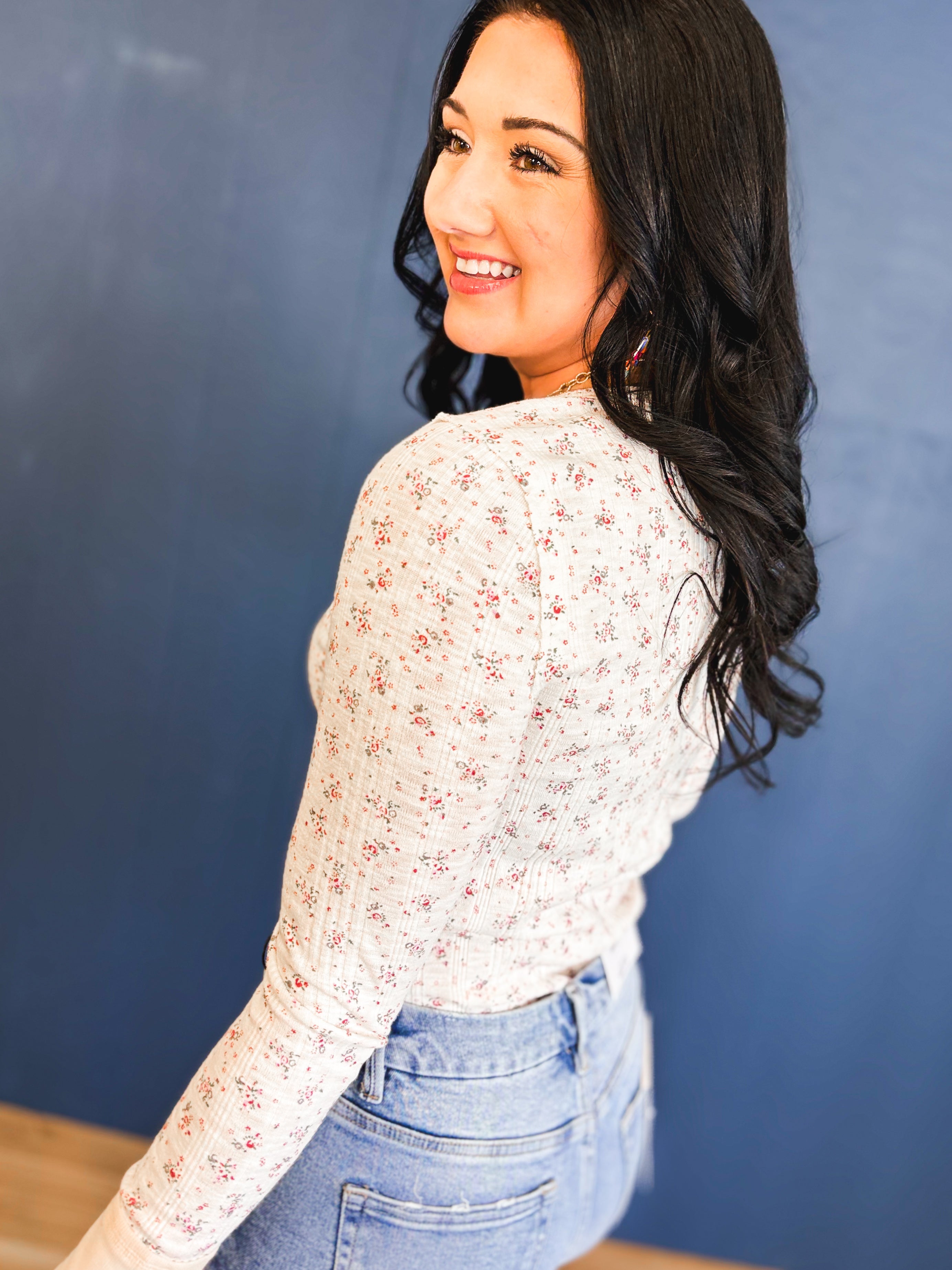 Floral Ribbed Henley Neck Knit Top - Ivory - Lace and Grace Boutique