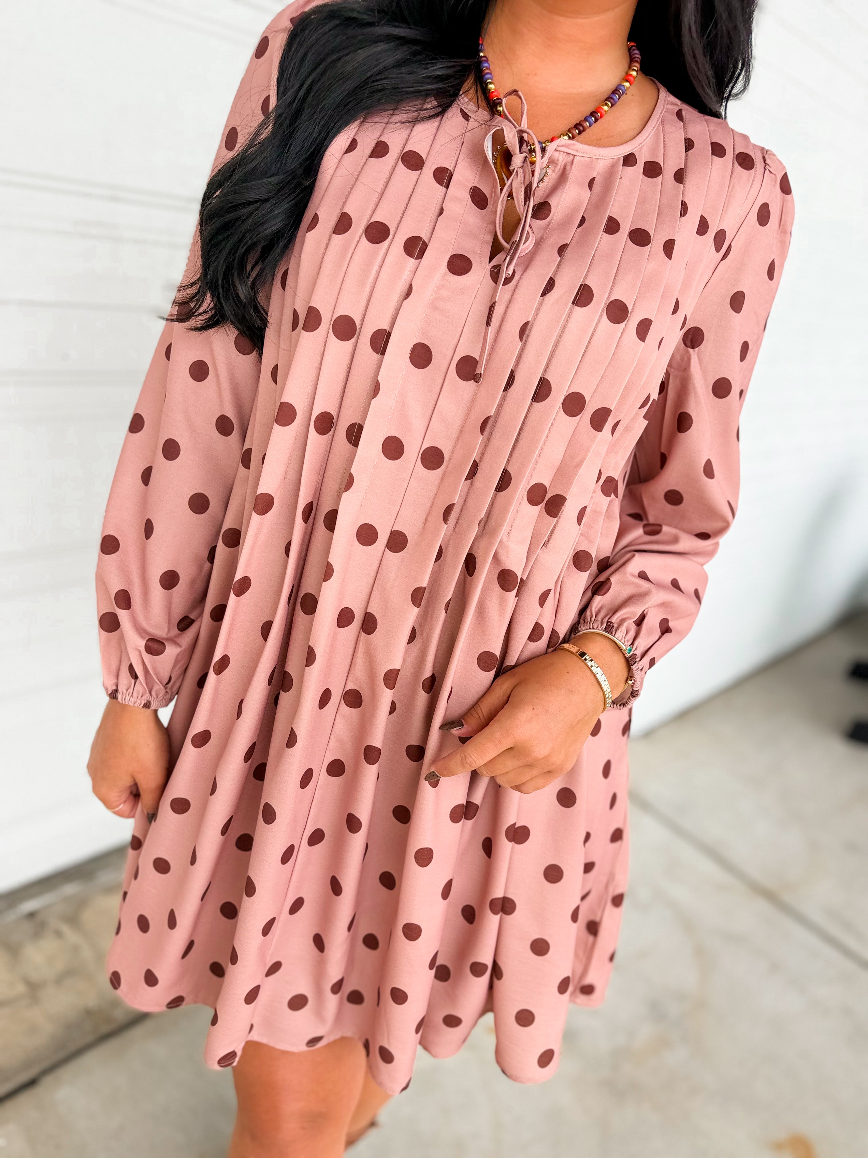 Polka Dot Pleated Long Sleeve Mini Shift Dress - Sienna - Lace and Grace Boutique