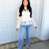 Floral Crochet Open Knit Top - Natural