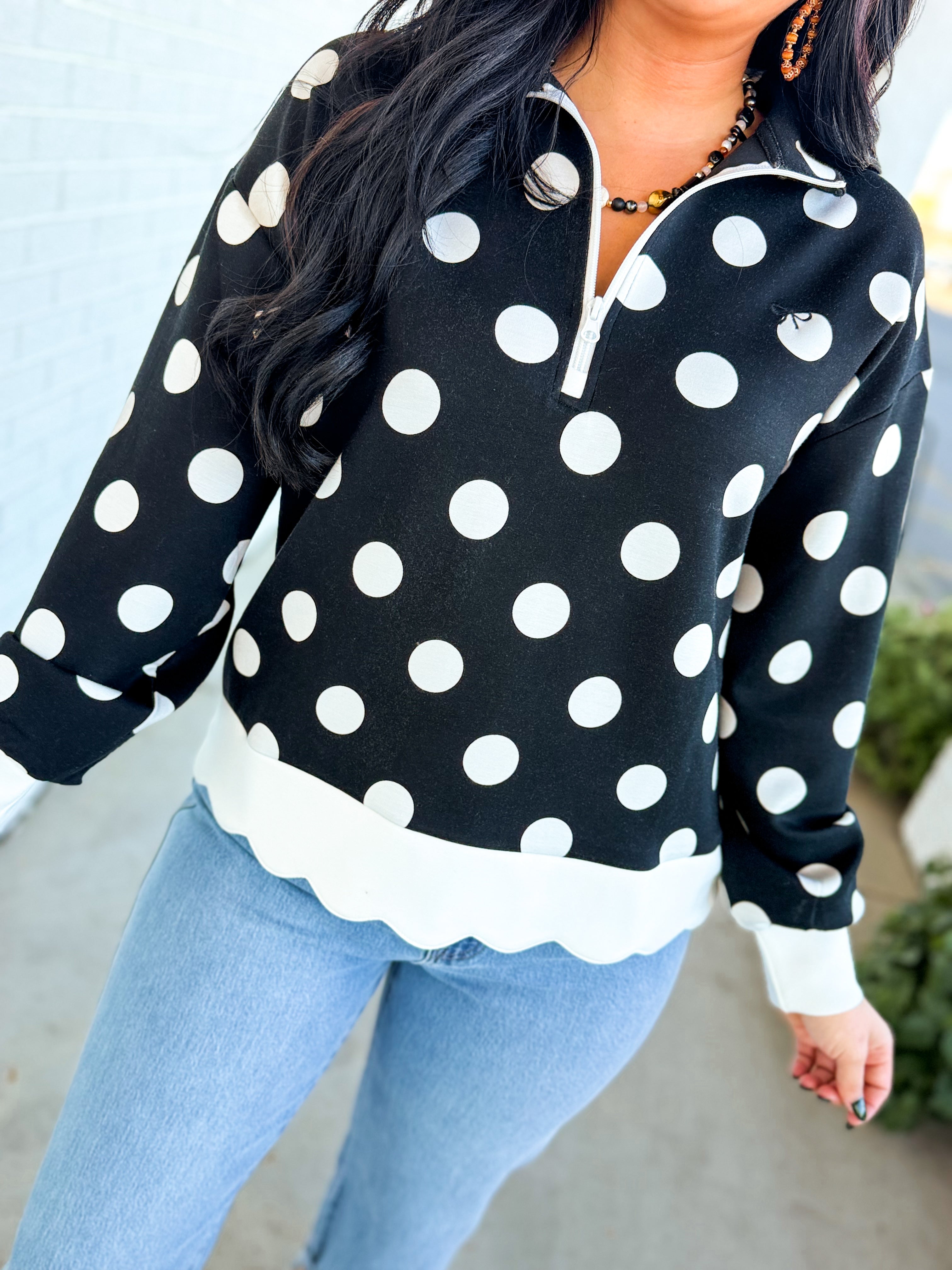 Simply Southern Polka Dot Quarter Zip Sweatshirt - Black - Lace and Grace Boutique