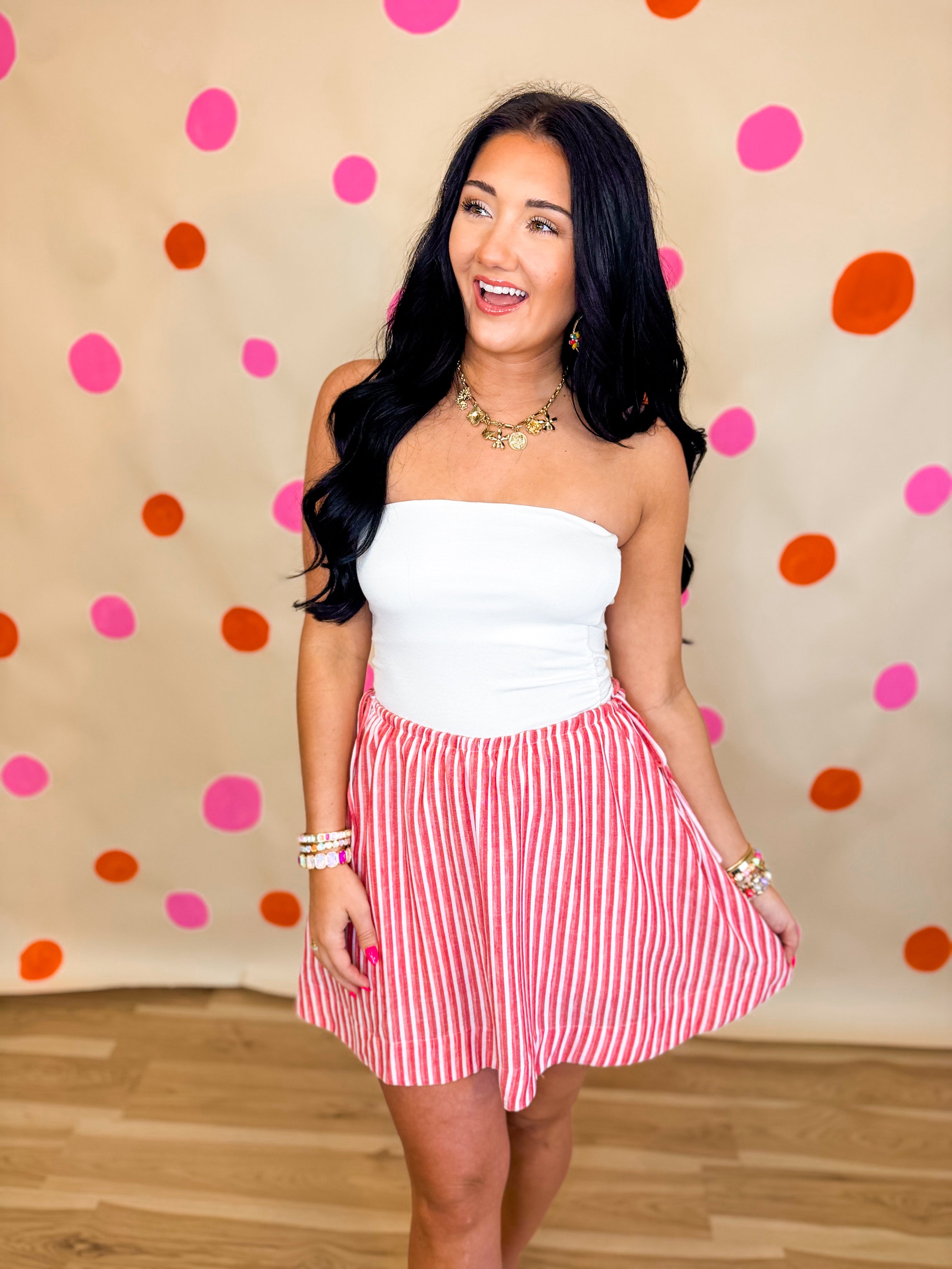 Striped Drawstring Skort - Red - Lace and Grace Boutique