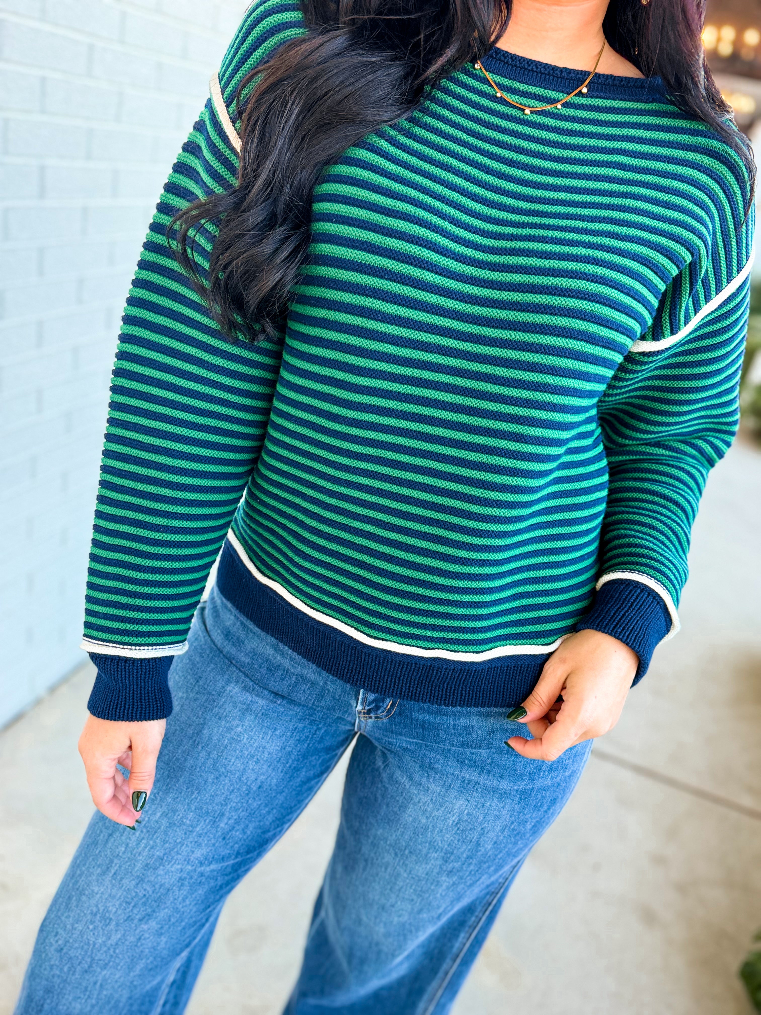Striped Contrast Trim Knit Sweater - Navy/Green - Lace and Grace Boutique